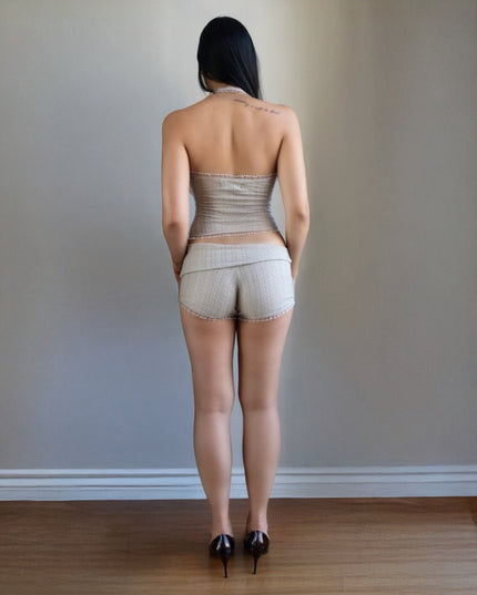 Beige Knit Ruffle Shorts