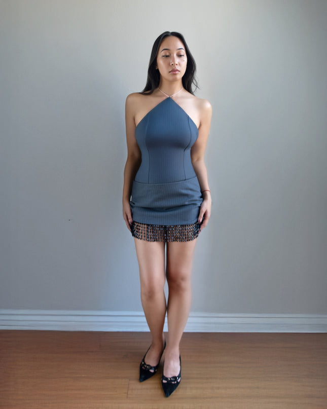 Grey Wool Beaded Fringe Mini Skirt
