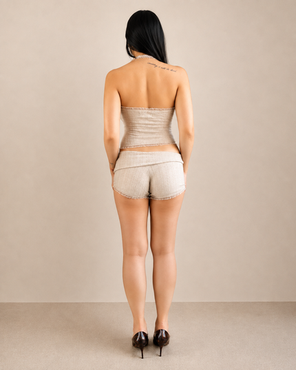 Beige Knit Ruffle Shorts