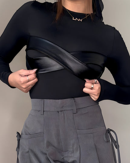 Long Sleeve Black Leather Bra Top