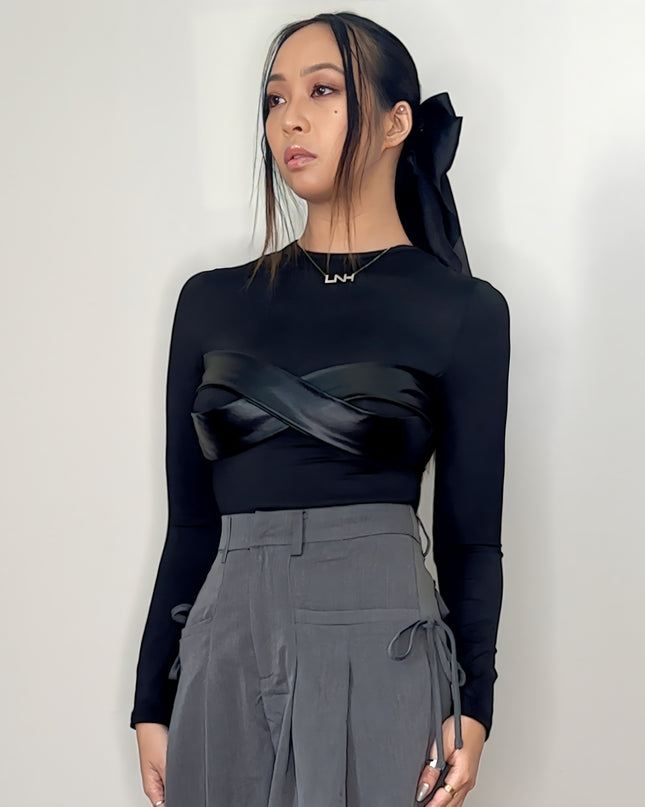 Long Sleeve Black Leather Bra Top