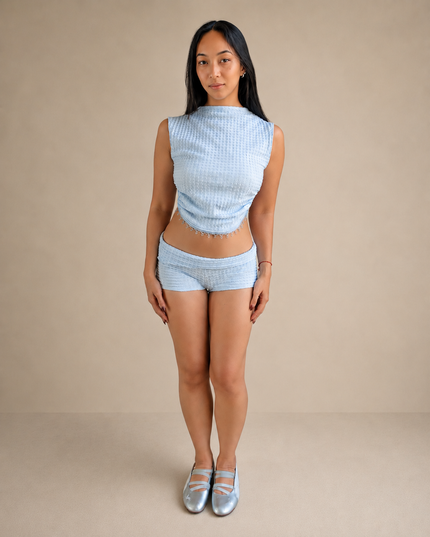 Blue Herringbone Knit Shorts