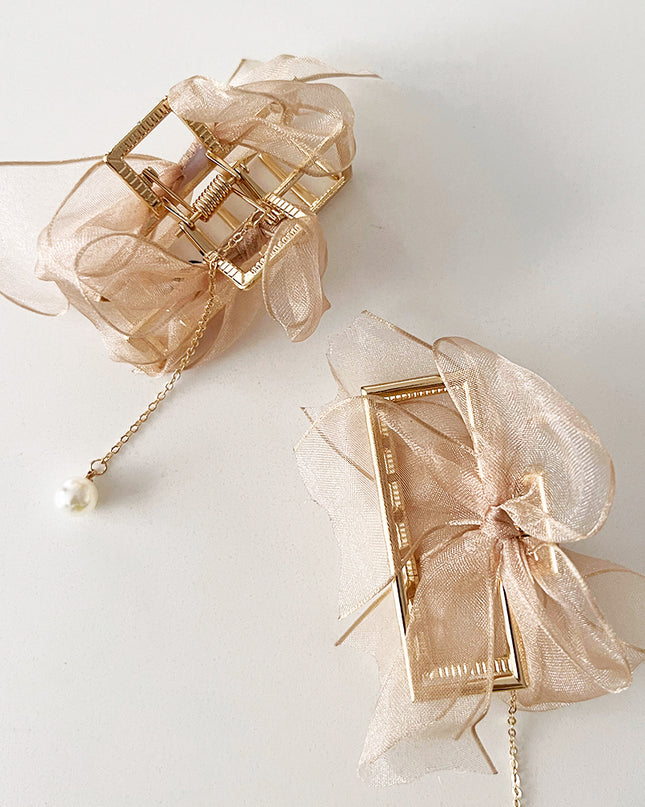 Gold Metal Hair Claw with Nude Bow