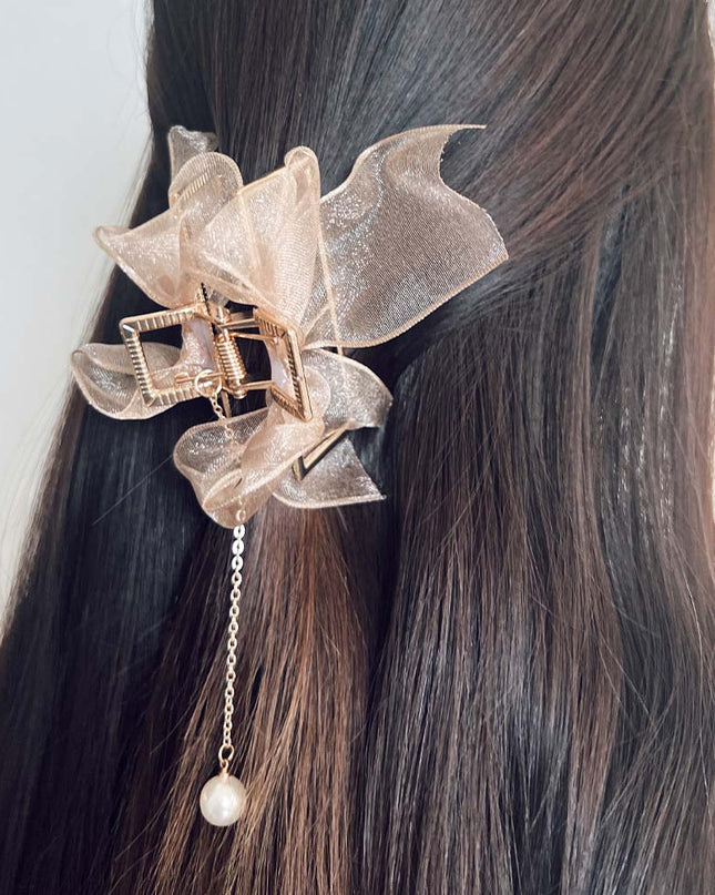 Gold Metal Hair Claw with Nude Bow