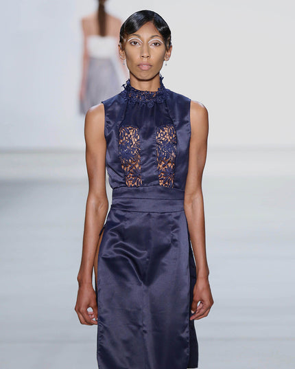 Navy Satin and Lace Dress