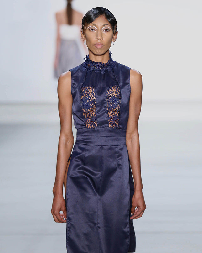 Navy Satin and Lace Dress